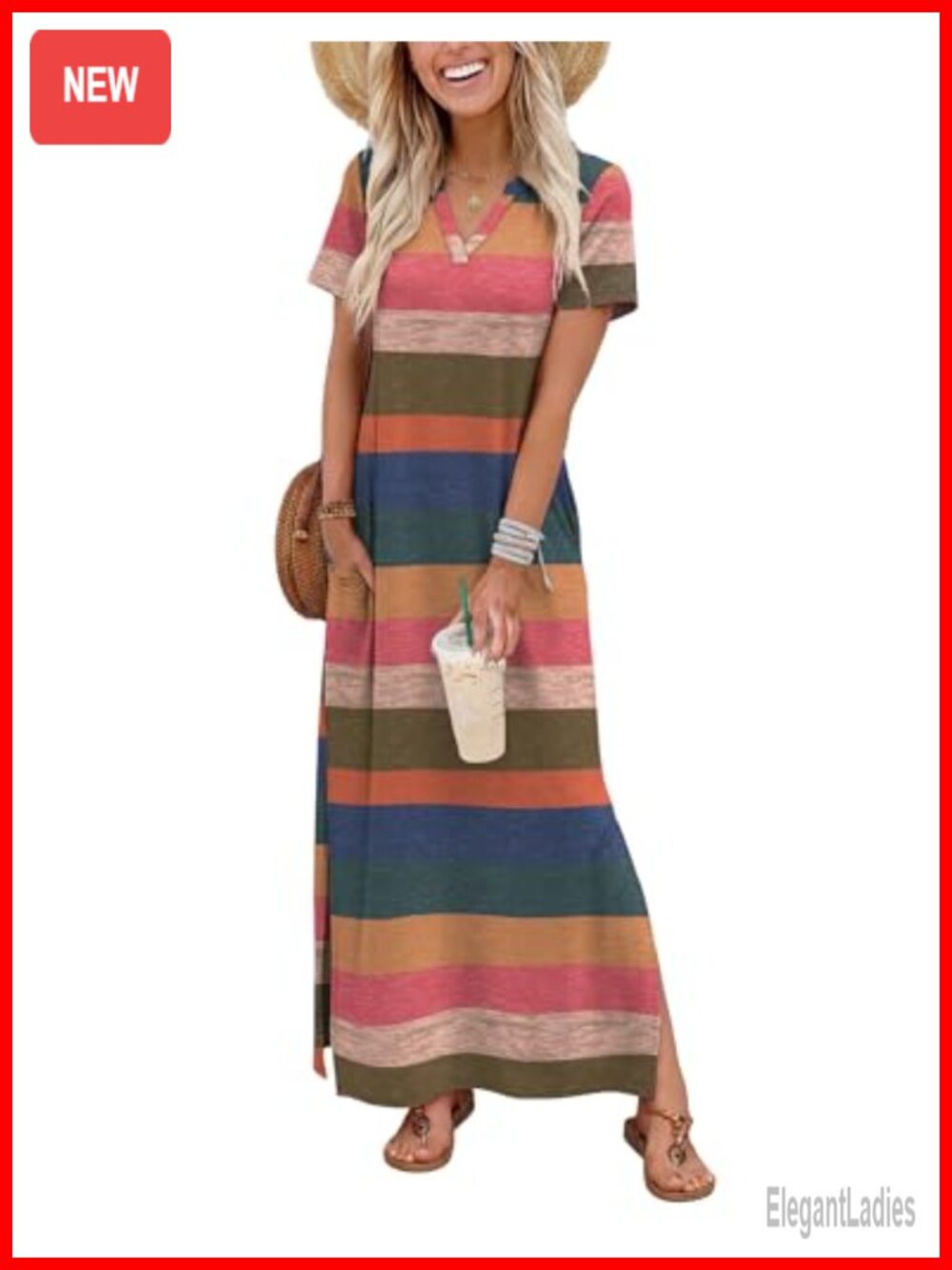 Women's Maxi Dress V-Neck Short Sleeve Sundress with Pockets